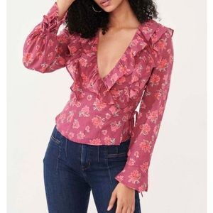 Free People Amanda Blouse Floral Print LS Ruffle Wrap Style V Neck Sm Md Lg NWT